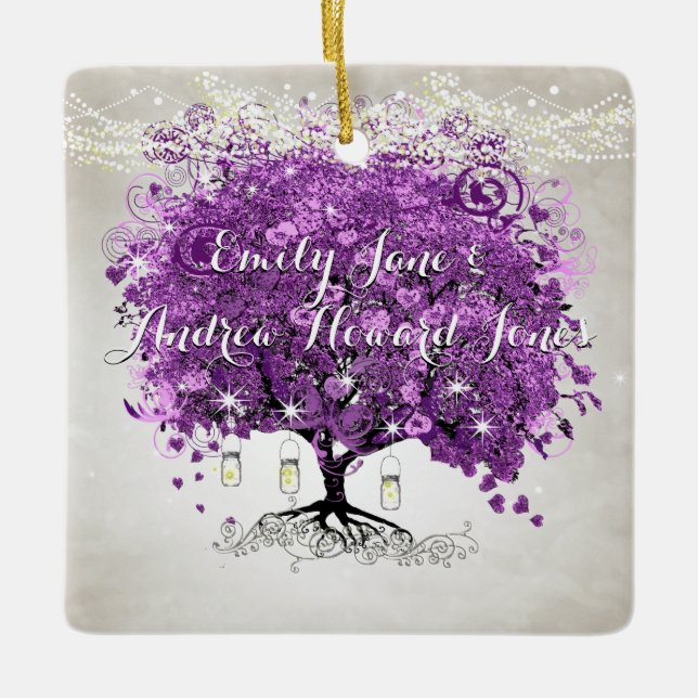 Radiant Purple Romantic Heart Leaf Wedding Ceramic Ornament (Front)