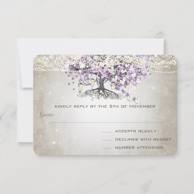Radiant Purple Romantic Heart Leaf Wedding RSVP Card (Front)