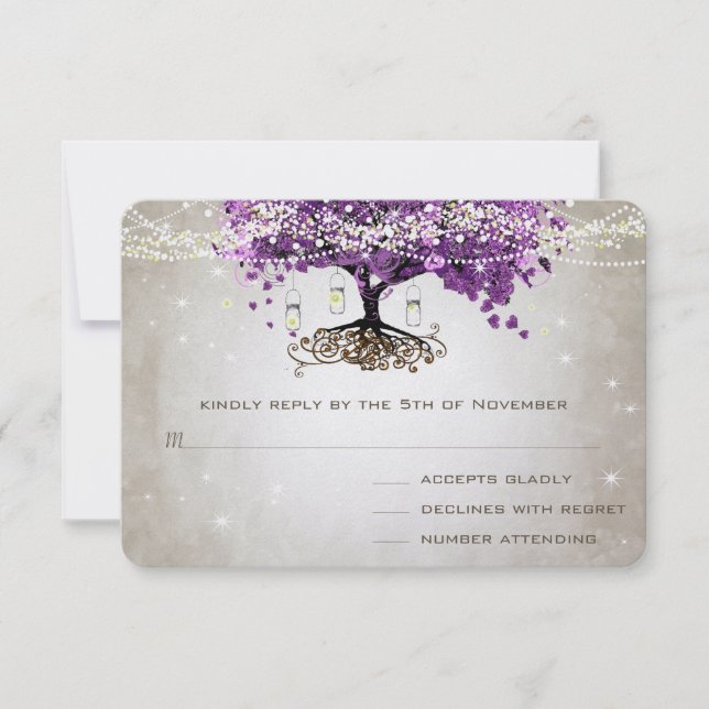 Radiant Purple Romantic Heart Leaf Wedding RSVP Card (Front)