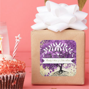 Radiant Purple Romantic Heart Leaf Wedding Square Sticker