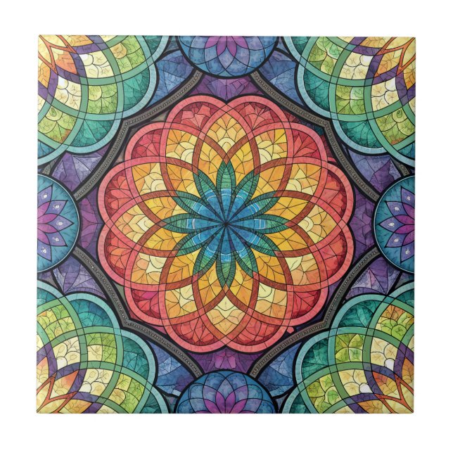 Radiant Rainbow Mandala Mosaic – Stained Glass Ceramic Tile (Front)