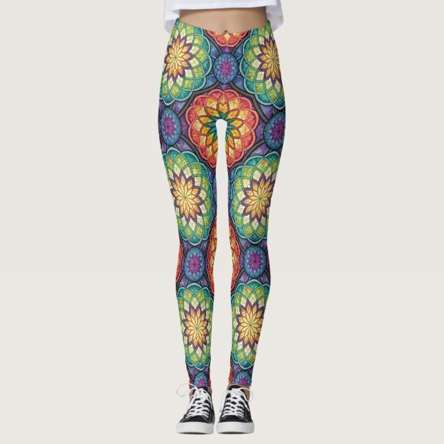 Radiant Rainbow Mandala Mosaic – Stained Glass Leggings (Front)