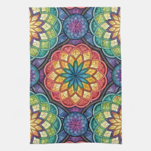 Radiant Rainbow Mandala Mosaic – Stained Glass Tea Towel