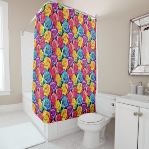 Radiant rainbow roses, floral pattern shower curtain