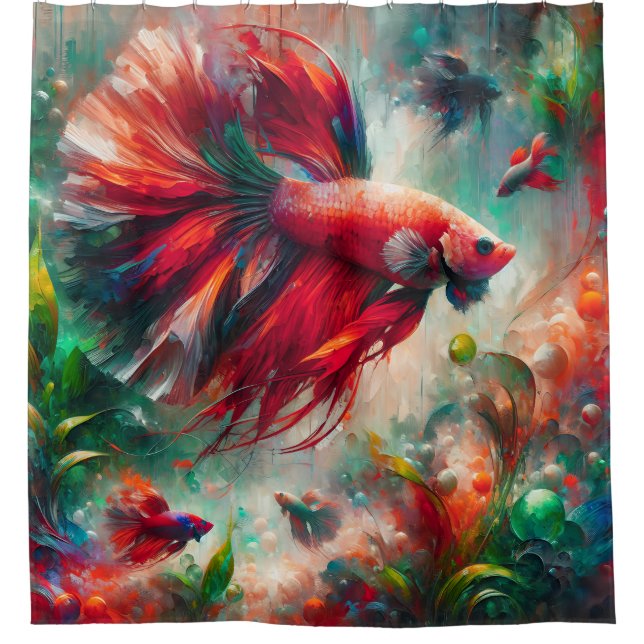 “Radiant Red and Green Betta Fish Elegant Art” Shower Curtain (Front)