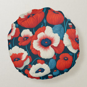 Radiant Red Flowers & Poppies Round Cushion