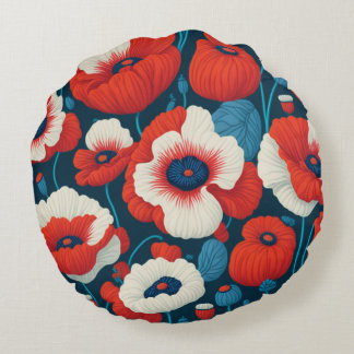 Radiant Red Flowers & Poppies Round Cushion