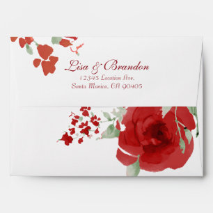 Radiant Red Watercolor Roses, Wedding Envelope