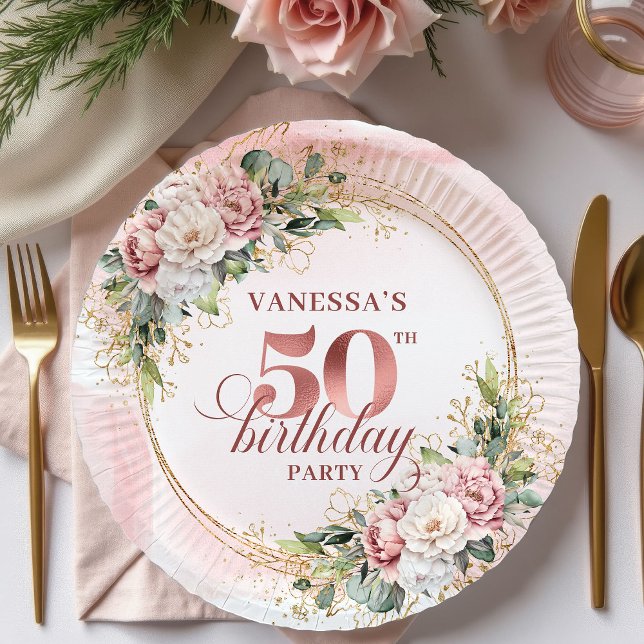 Radiant Rose Gold Glitter Floral 50th Birthday  Paper Plate (Radiant Rose Gold Glitter Floral 50th Birthday Party Paper Plates

)