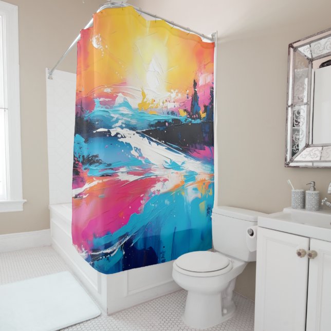 Radiant Serenity: Abstract Sunset Reflections Shower Curtain (In Situ)