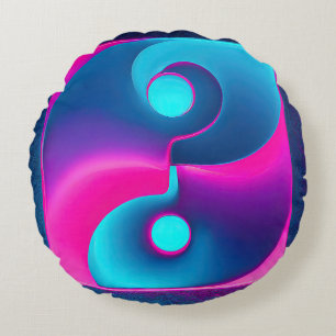 Radiant Spirituality: Vibrant Yin Yang Pink & Blue Round Cushion