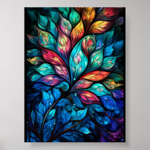 Radiant Stained Glass Leaves in Vibrant Jewel Tone Poster