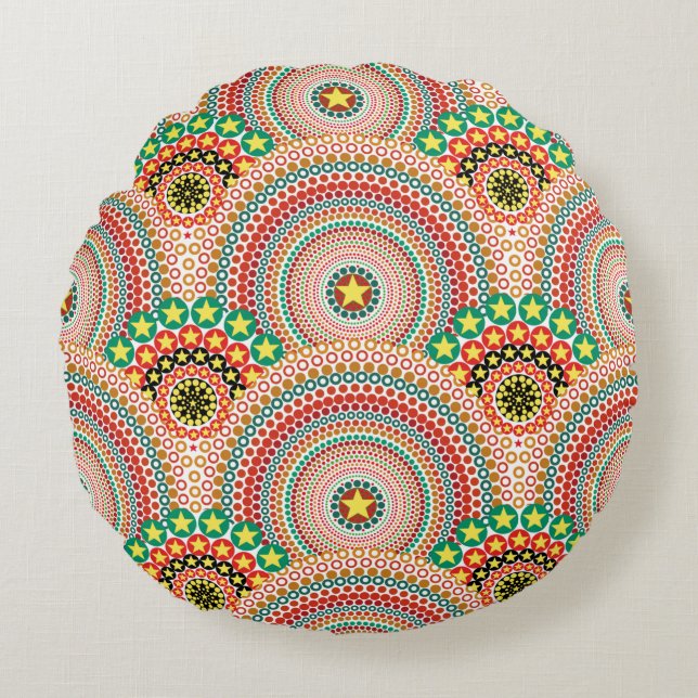 Radiant Sun Multicolored Boho Geometric Round Cushion (Front)