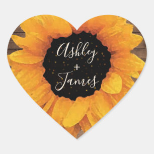 Radiant Sunflower Rustic Wedding Names Monogram  Heart Sticker