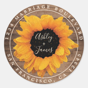 Radiant Sunflower Rustic Wedding Return Address Classic Round Sticker