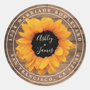 Radiant Sunflower Rustic Wedding Return Address Classic Round Sticker
