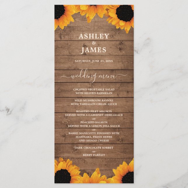 Radiant Sunflower Rustic Wood Wedding Menu (Front)