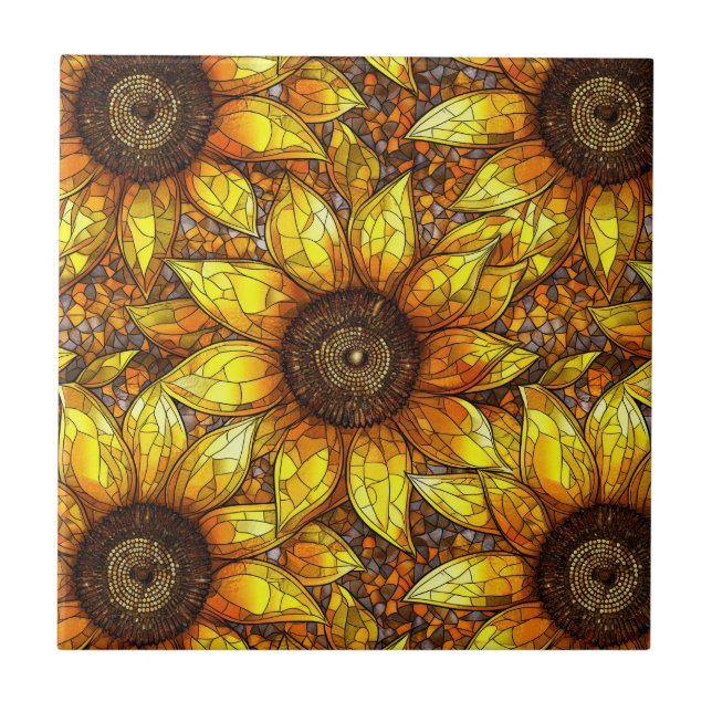 Radiant Sunflower Stained Glass  Ceramic Tile (Front)