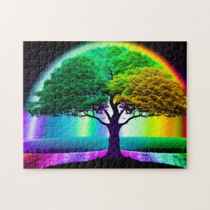 Radiant Tree of Life with Rainbow Background Jigsaw Puzzle