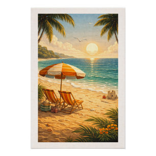 Radiant Tropical Beach Sunset Retro Vacation Poster