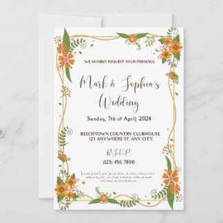 Radiant Tulip Romance Orange Bliss in Golden Frame Invitation