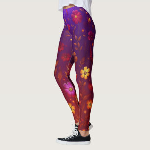 Radiant Wildflowers: Glowing Orange and Purple on Leggings