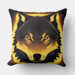 Radiant Wolf Face Illuminated by Golden Light Cushion