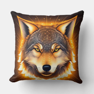 Radiant Wolf Face Illuminated by Golden Light Cushion