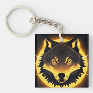 Radiant Wolf Face Illuminated by Golden Light Key Ring