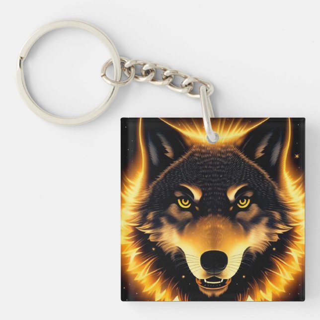 Radiant Wolf Face Illuminated by Golden Light Key Ring (Front)