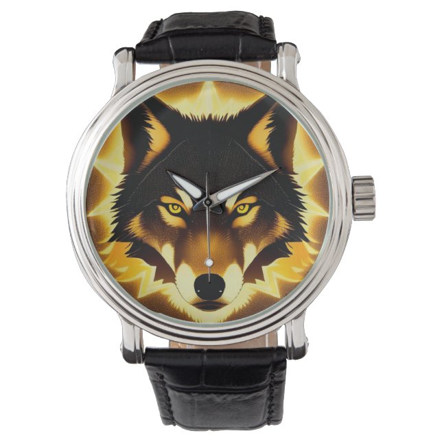 Radiant Wolf Face Illuminated by Golden Light Watch (Front)