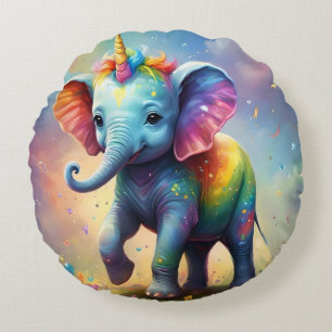Radiant Wonders: The Rainbow Baby Unicorn Elephant Round Cushion