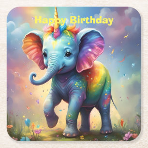 Radiant Wonders: The Rainbow Baby Unicorn Elephant Square Paper Coaster