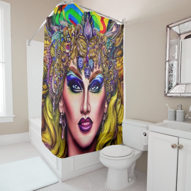 Radiantly Rainbow-Themed Art Piece Drag Queen Shower Curtain (In Situ)