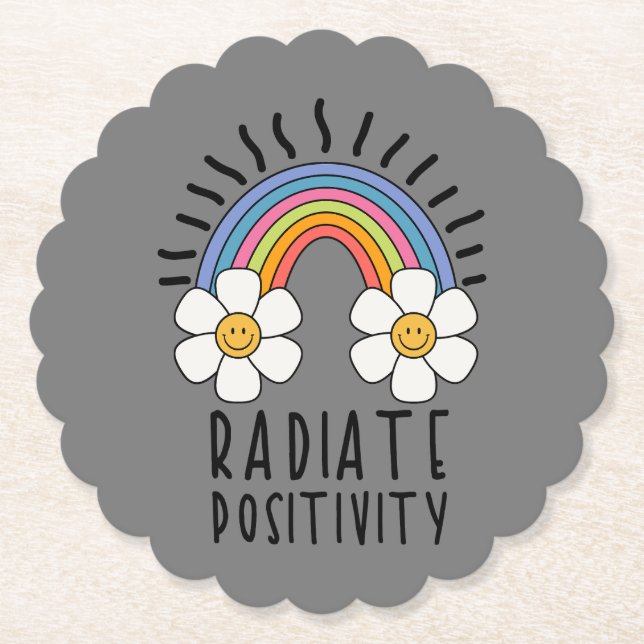 Radiate Positivity | Colourful Rainbow and Flowers Paper Coaster (Front)