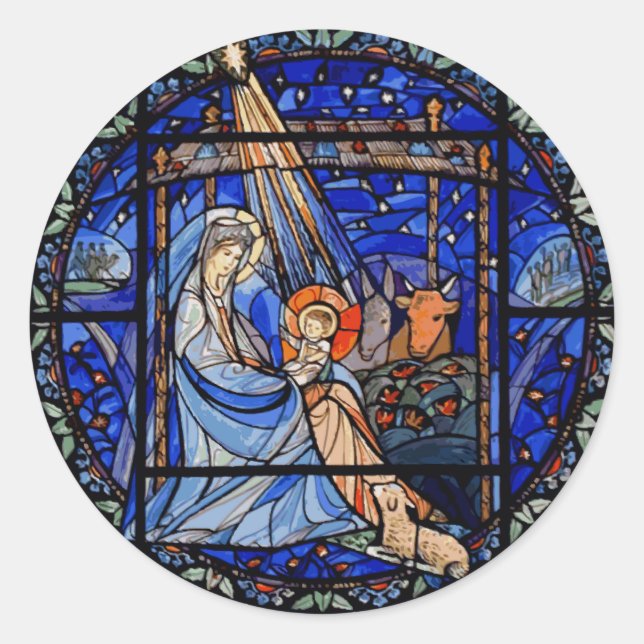 Radiating Nativity Stained Glass Blue Classic Round Sticker (Front)