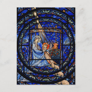 Radiating Nativity Stained Glass Blue Postcard
