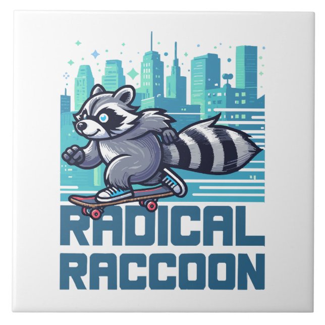 Radical Racoon Urban Skateboarder Ceramic Tile (Front)