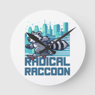 Radical Racoon Urban Skateboarder Round Clock