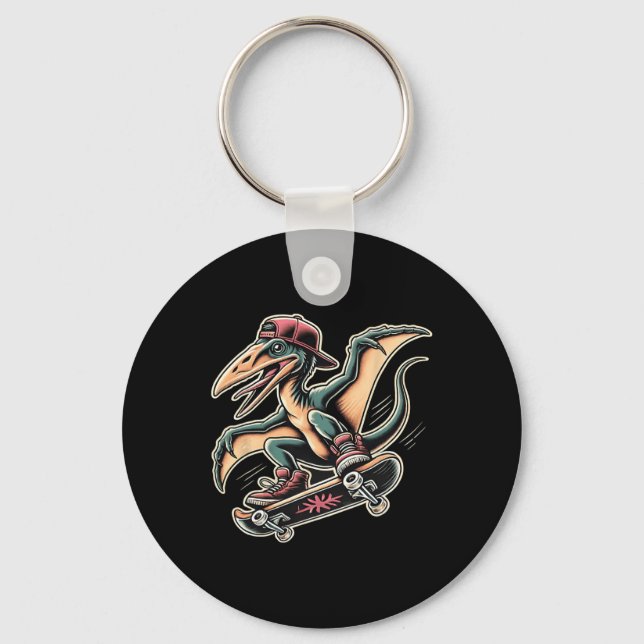 Radical Skateboarding Pterodactyl Dinosaur Cartoon Key Ring (Front)