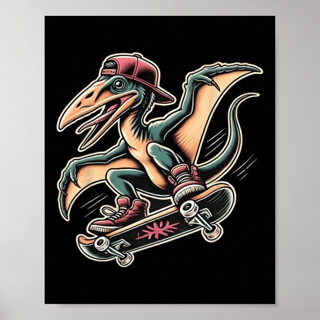 Radical Skateboarding Pterodactyl Dinosaur Cartoon Poster (Front)