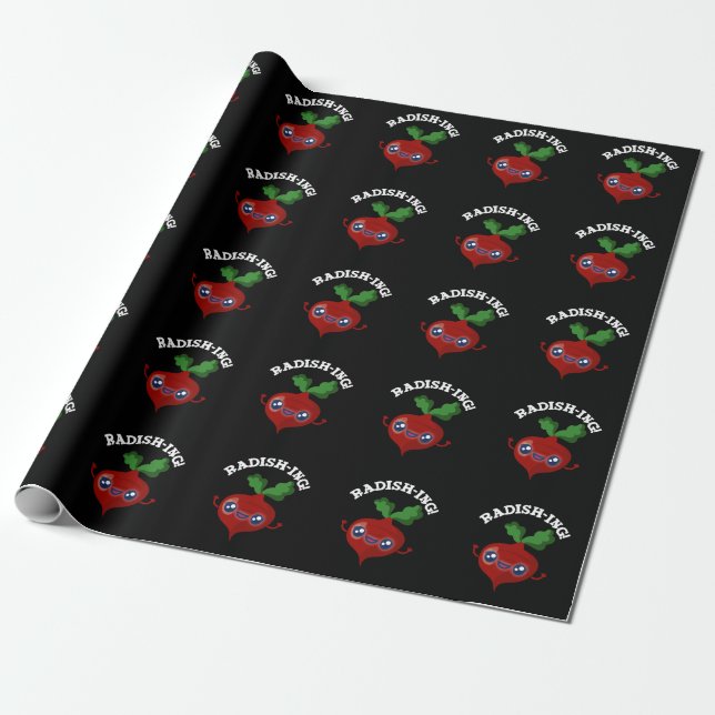 Radish-ing Funny Veggie Radish Pun Dark BG Wrapping Paper (Unrolled)