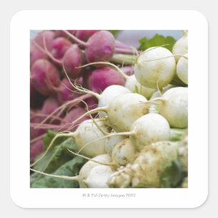 Radishes on display at farmer's market square sticker