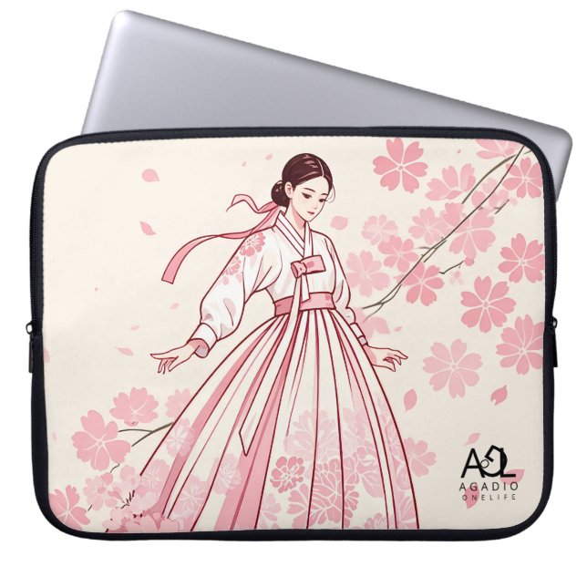 raditional Elegance: Woman in Floral Patterned Han Laptop Sleeve (Front)