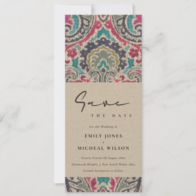 RAFT BOHO TRIBAL IKAT PINK TEAL SAVE THE DATE INVI INVITATION (Front)