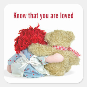 Rag Doll and Teddy Bear Hugging Square Sticker