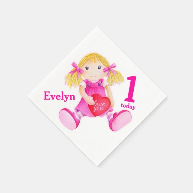 Rag doll art girls 1st Birthday napkins (Corner)