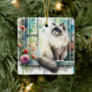 Ragdol Cat in Window Home Sweet Home Ceramic Ornament