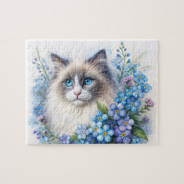 Ragdoll Cat Among Forget-Me-Not Flowers Jigsaw Puzzle (Horizontal)