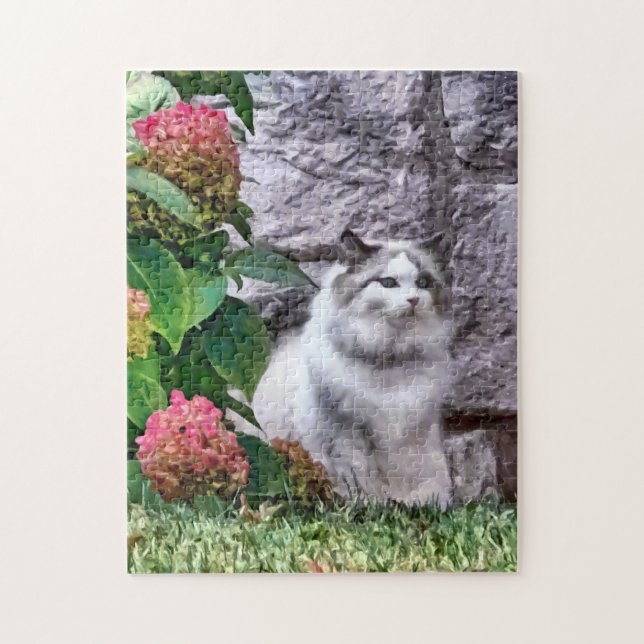 Ragdoll Cat By Hydrangea Jigsaw Puzzle (Vertical)